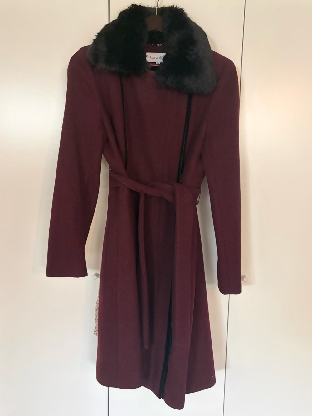 Calvin Klein Wool Wrap Coat with Black Faux Fur Collar